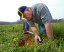 examines soil on farm