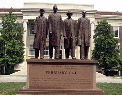 N.C. A&T freshmen – Ezell Blair Jr. (Jibreel Khazan), Franklin Eugene McCain, Joseph Alfred McNeil and David Richmond Jr. – on February 1, 1960. 