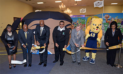 From left to right: Dr. Claudette Smith, Dr. Fletcher Barber Jr., Dr. Joe B. Whitehead, Oshe’ Pittman, Dr. Bill Randle, Aggie Bulldog and Dr. Carinthia Cherry