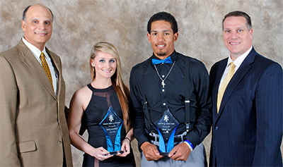 Left to right: Chancellor Martin, Emily Strombeck, Luke Tendler and AD Earl Hilton