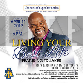 CEO, Entrepreneur and Inspirational Leader T.D. Jakes to Lead Next Chancellor’s Speaker Series at N.C. A&T