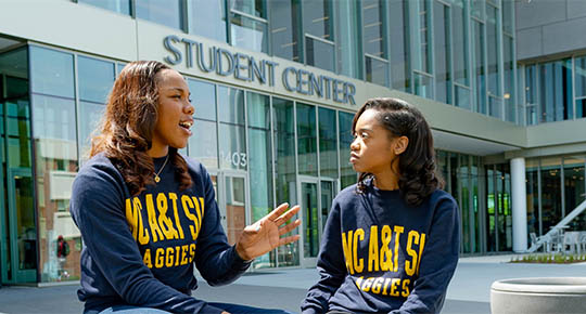Students in front of the new Student Center.