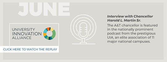 June. University Innovation Alliance “Weekly Wisdom” Podcast. Interview with Chancellor Harold L. Martin Sr. The A&T chancellor is featured in the national prominent podcast from the prestigious UIA, an elite association of 11 major nationalcampuses.  