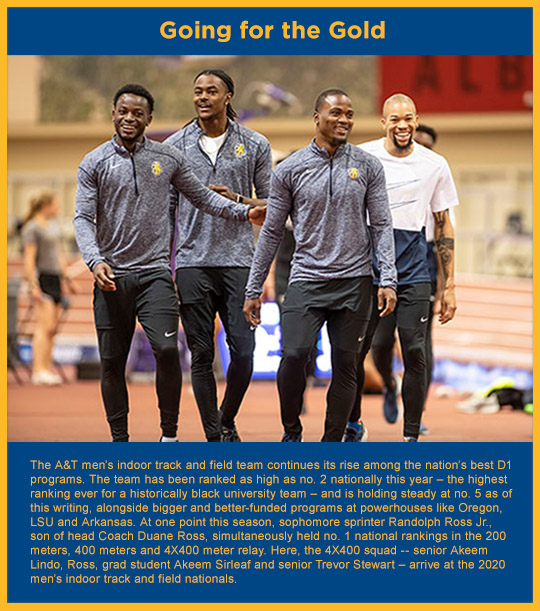 The A&T men’s indoor track and field team continues its rise among the nation’s best D1 programs. The team has been ranked as high as no. 2 nationally this year – the highest ranking ever for a historically black university team – and is holding steady at no. 5 as of this writing, alongside bigger and better-funded programs at powerhouses like Oregon, LSU and Arkansas. At one point this season, sophomore sprinter Randolph Ross Jr., son of head Coach Duane Ross, simultaneously held no. 1 national rankings in the 200 meters, 400 meters and 4X400 meter relay. Here, the 4X400 squad -- senior Akeem Lindo, Ross, grad student Akeem Sirleaf and senior Trevor Stewart – arrive at the 2020 men’s indoor track and field nationals.